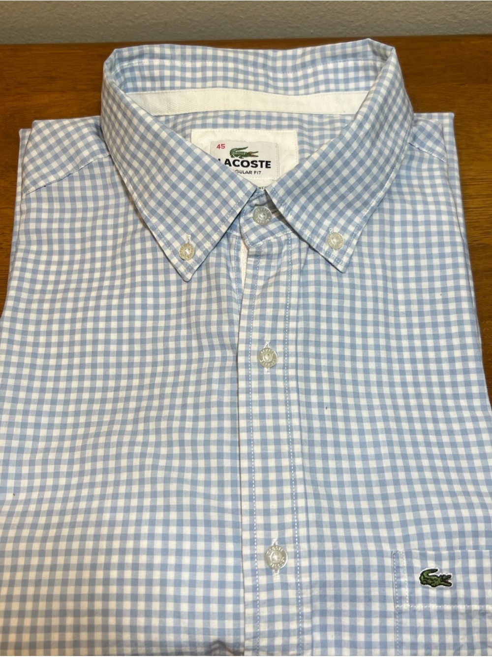 Lacoste Plaid Light Blue and White Gingham Button-Down Shirt Size 45 (XL)